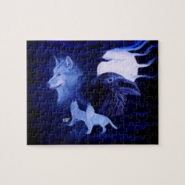 Wolves and Raven with full moon Jigsaw Puzzle (Horizontal)