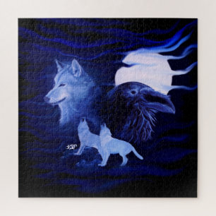 Wolves and Raven with full moon Jigsaw Puzzle