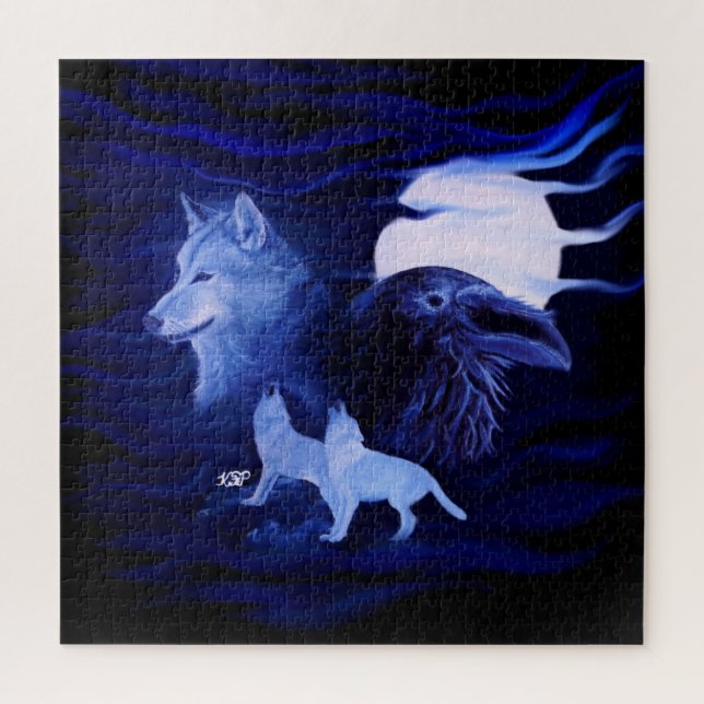 Wolves and Raven with full moon Jigsaw Puzzle (Vertical)