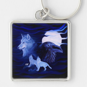 Wolves and Raven with full moon Keychain