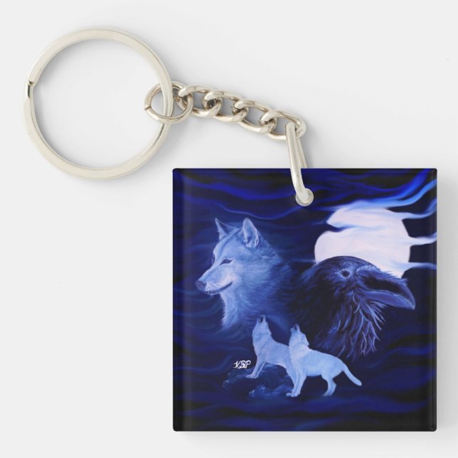 Wolves and Raven with full moon Keychain (Front)