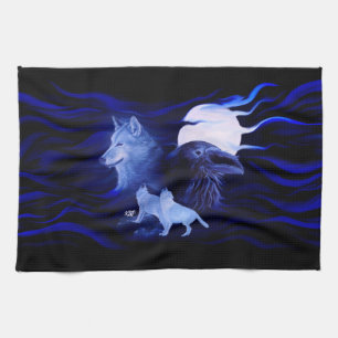 Wolves and Raven with full moon Kitchen Towel