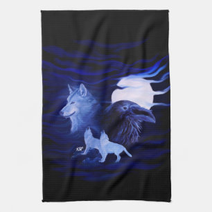 Wolves and Raven with full moon Kitchen Towel