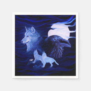 Wolves and Raven with full moon Napkin