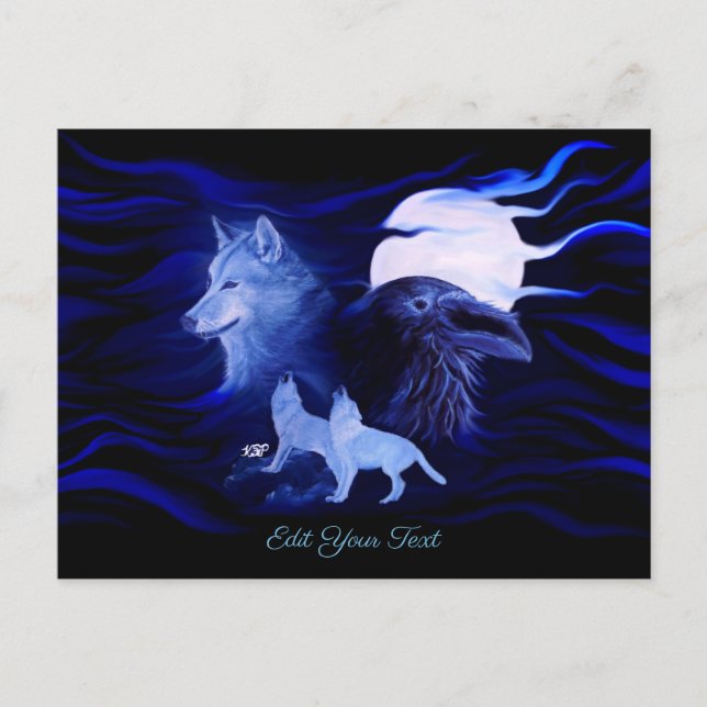 Wolves and Raven with full moon Postcard (Front)