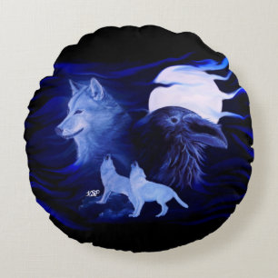 Wolves and Raven with full moon Round Pillow
