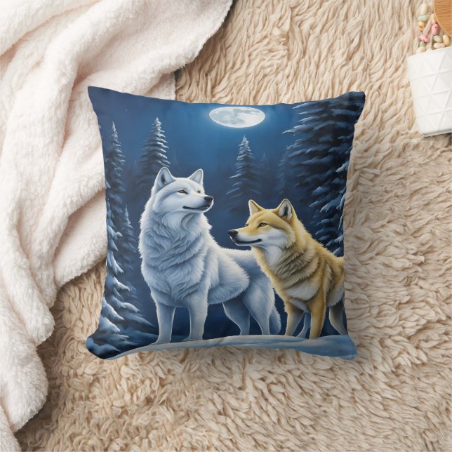 Wolves Beneath a Full Moon. Throw Pillow (Blanket)