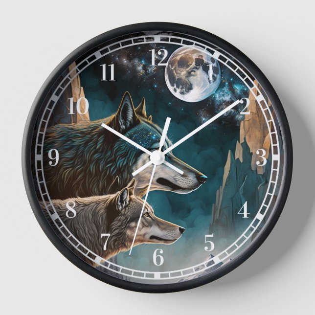 Wolves Full Moon Fantasy Landscape Clock (Front)