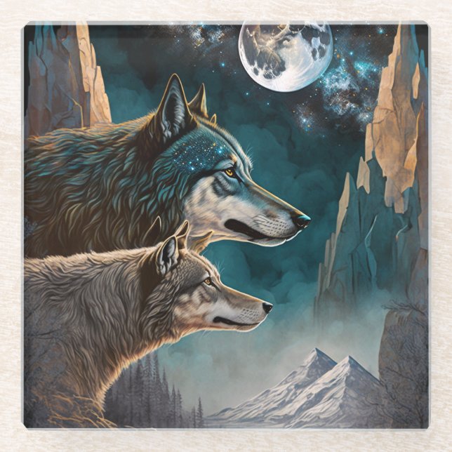 Wolves Full Moon Fantasy Landscape Glass Coaster (Front)