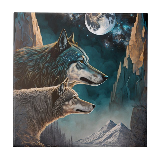 Wolves Full Moon Fantasy Landscape Tile (Front)