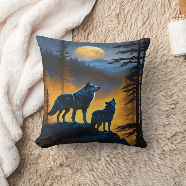 Wolves Howl at Full Moon in Forest Throw Pillow (Blanket)