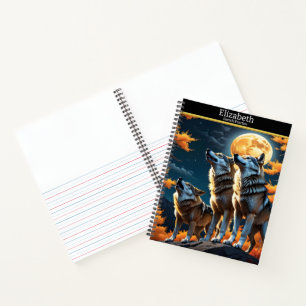 Wolves howling at a glowing moon on a sketchbook notebook