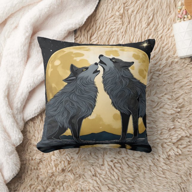 Wolves Howling Under A Bright Full Moon Throw Pillow (Blanket)