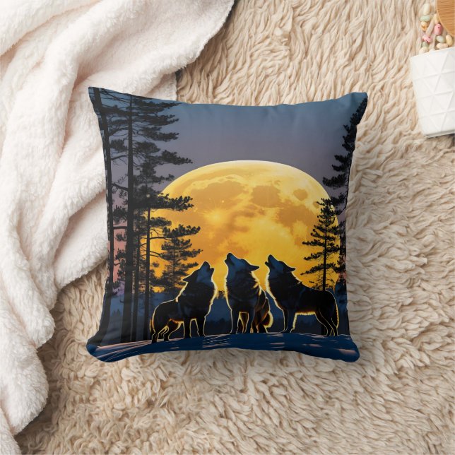 Wolves Howling Under a Full Moon in Winter Night Throw Pillow (Blanket)