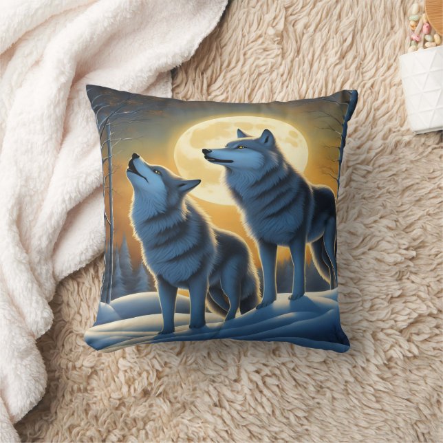 Wolves Howling Under a Full Moon in Winter Throw Pillow (Blanket)
