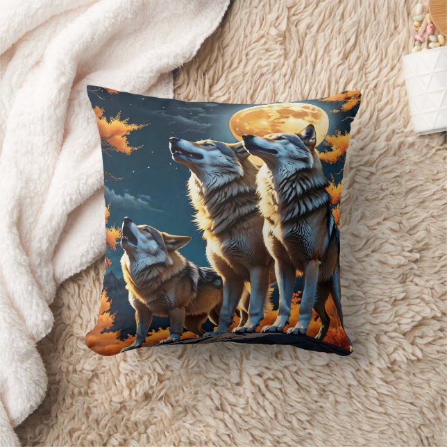 Wolves Howling Under A Full Moon.  Throw Pillow (Blanket)