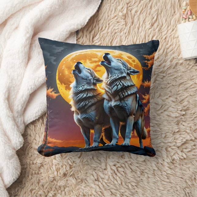Wolves Howling Under a Glowing Full Moon Throw Pillow (Blanket)