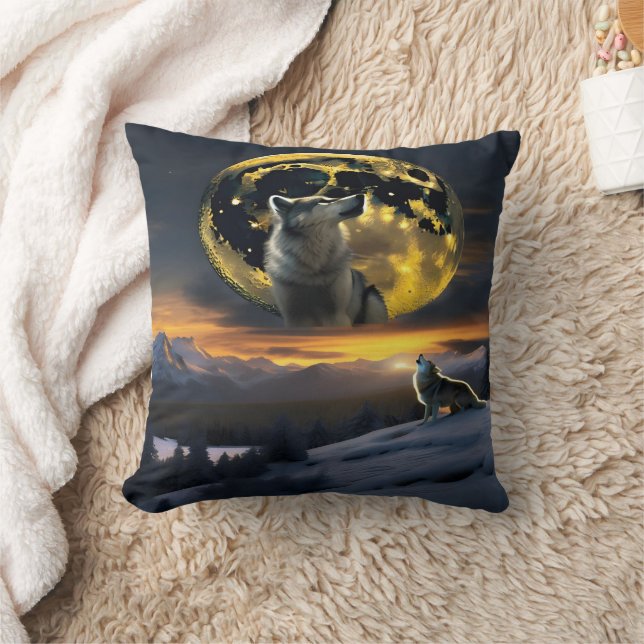 Wolves Howling Under a Golden Moon Throw Pillow (Blanket)