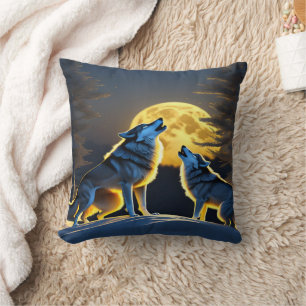 Wolves Howling Under Full Moon. Throw Pillow