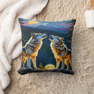 Wolves Howling Under Full Moon. Throw Pillow