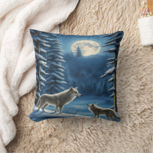 Wolves Howling Under Full Moon. Throw Pillow