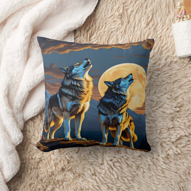 Wolves Howling Under Full Moon Throw Pillow (Blanket)