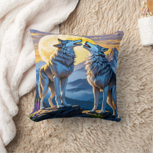 Wolves Howling Under Full Moon Throw Pillow