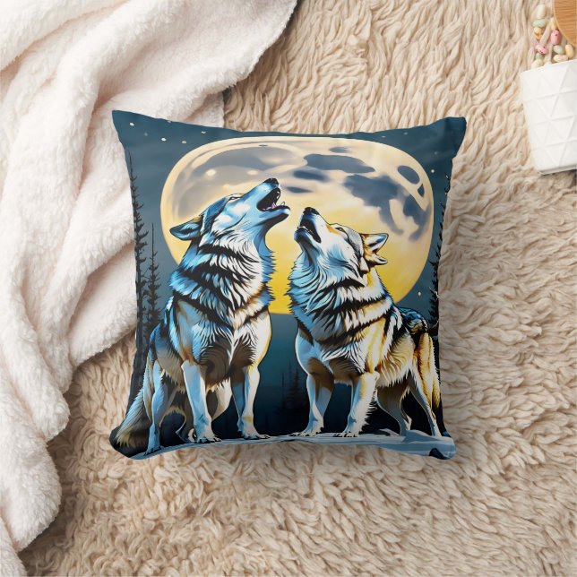 Wolves Howling Under Full Moonlight in Winter Throw Pillow (Blanket)