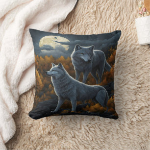 Wolves Howling Under Moonlight. Throw Pillow