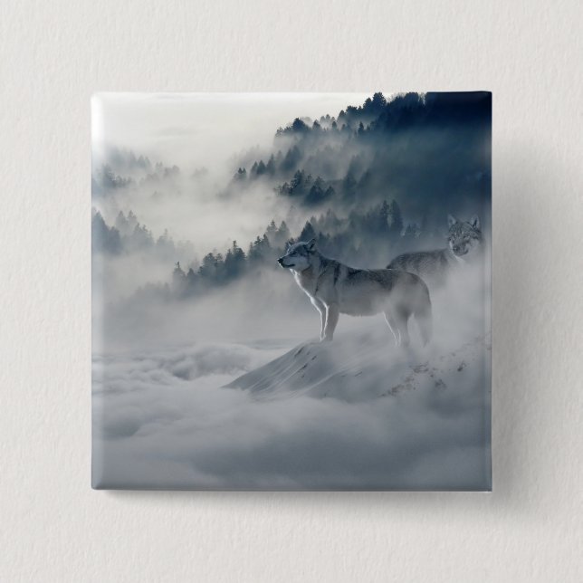 Wolves in a Winter Landscape 2 Inch Square Button (Front)