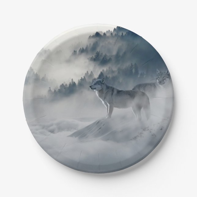 Wolves in a Winter Landscape Paper Plate (Front)