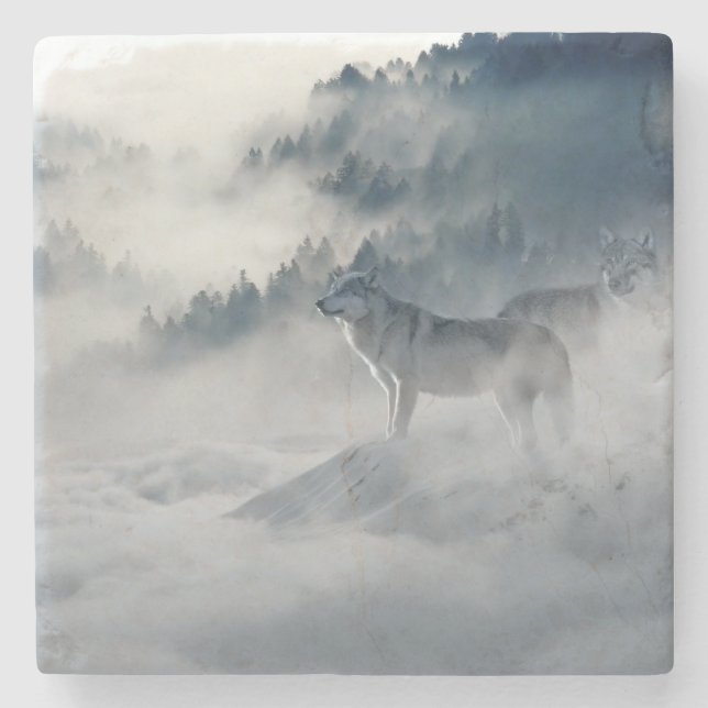 Wolves in a Winter Landscape Stone Coaster (Front)