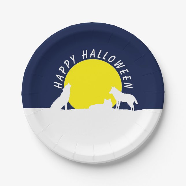 Wolves in Moonlight, Happy Halloween Paper Plate (Front)