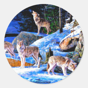 Wolves in snow painting classic round sticker