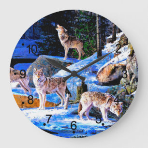 Wolves in snow painting large clock