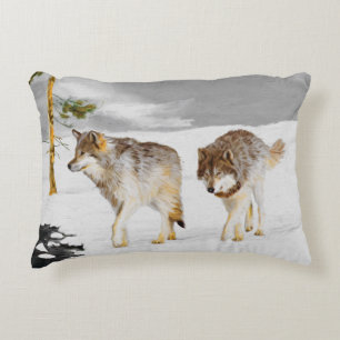 Wolves in Snow Painting - Original Wildlife Art Accent Pillow