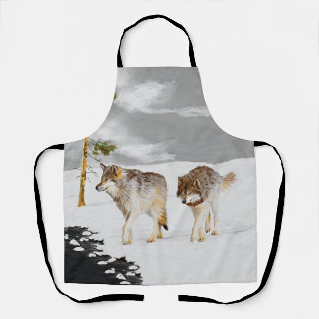 Wolves in Snow Painting - Original Wildlife Art Apron (Front)