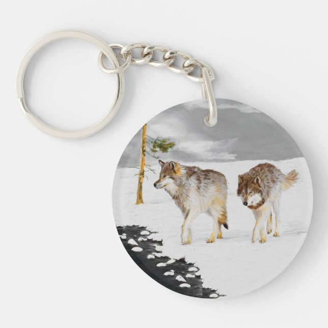 Wolves in Snow Painting - Original Wildlife Art Keychain (Front)