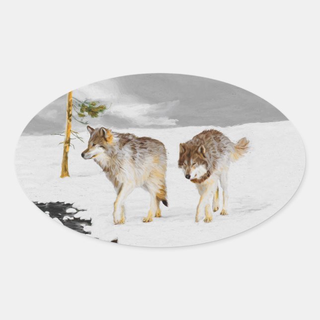 Wolves in Snow Painting - Original Wildlife Art Oval Sticker (Front)