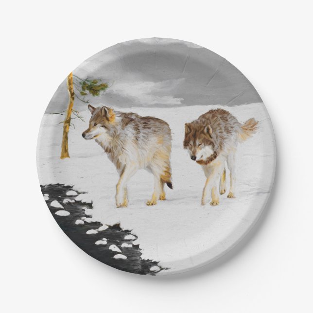 Wolves in Snow Painting - Original Wildlife Art Paper Plate (Front)