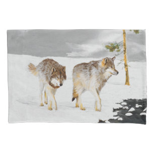Wolves in Snow Painting - Original Wildlife Art Pillowcase