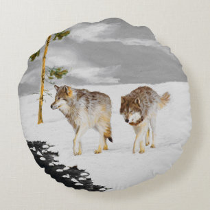 Wolves in Snow Painting - Original Wildlife Art Round Pillow