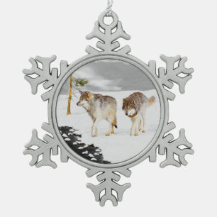 Wolves in Snow Painting - Original Wildlife Art Snowflake Pewter Christmas Ornament