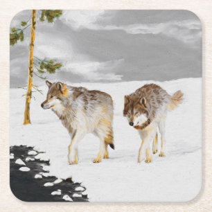 Wolves in Snow Painting - Original Wildlife Art Square Paper Coaster
