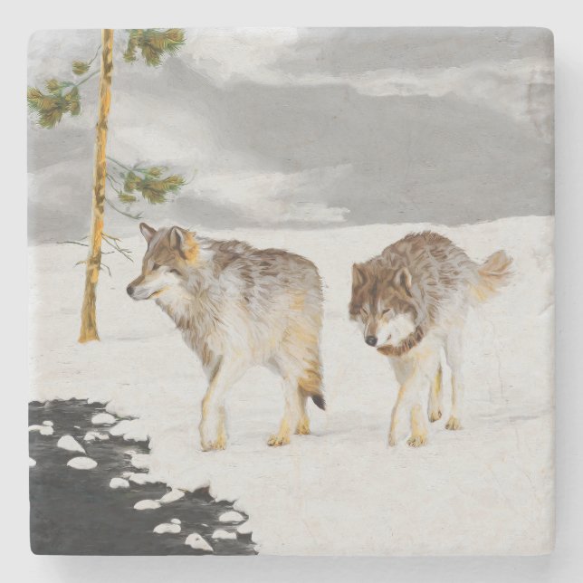 Wolves in Snow Painting - Original Wildlife Art Stone Coaster (Front)
