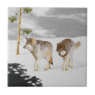 Wolves in Snow Painting - Original Wildlife Art Tile