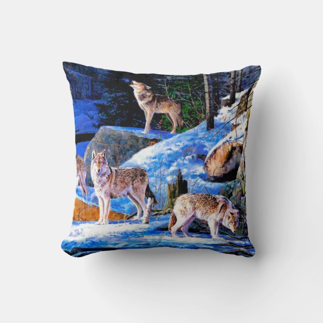 Wolves in snow painting throw pillow (Front)
