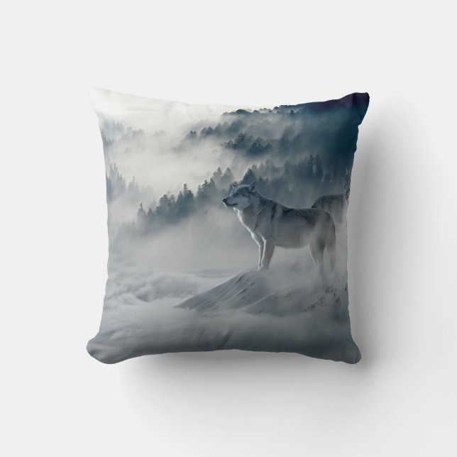 Wolves in Snowy Winter Landscape Throw Pillow (Front)
