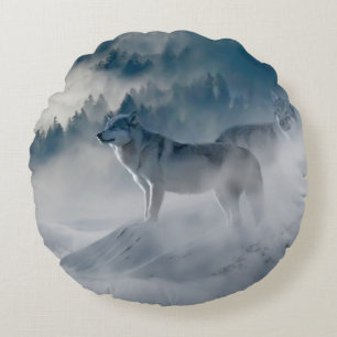 wolves in the mist round pillow