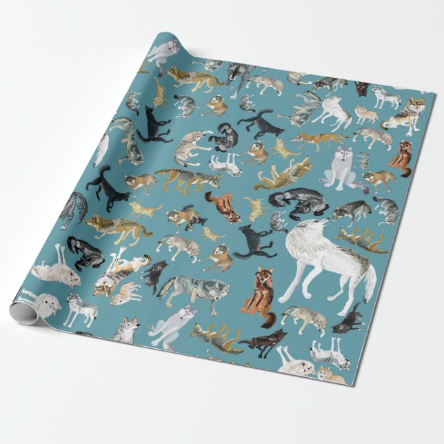 Wolves of the World Turquoise pattern Wrapping Paper (Unrolled)